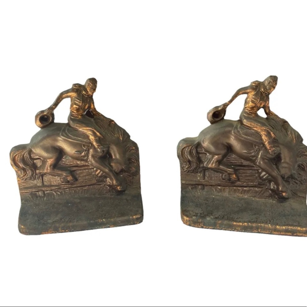 Vintage Bucking Bronco Rider Bookends Metal with Copper Patina Circa 1930 Cowboy